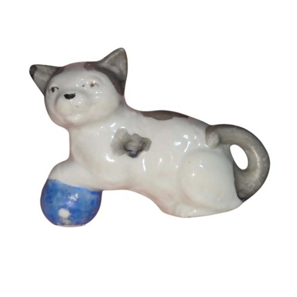 Vintage Made In Japan White And Grey Cat With Red Bow and Blue Ball